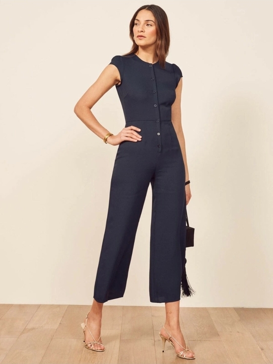 Reformation Pants - Reformation Marina Jumpsuit Navy Cap-Sleeve Button-Front Wide Leg Womens 8